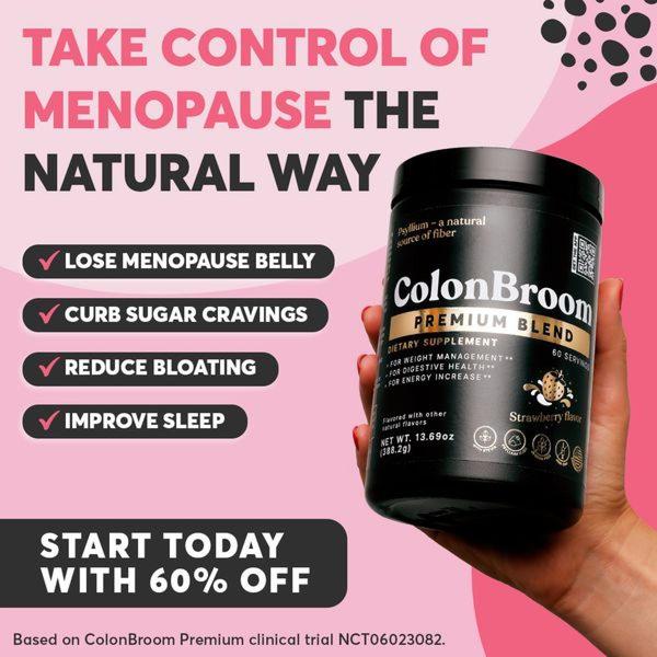 A direct-response social ad for a menopause supplement featuring clear benefit bullet points and a strong 60% discount offer.